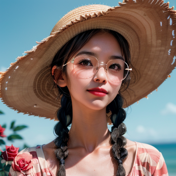 00620-3148963846-_lora_caomao_0.8_1girl, solo, hat, braid, twin braids, flower, blurry background, black hair, straw hat, blurry, collarbone, upp.png